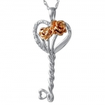 Sterling Silver and Diamond Heart and Roses Key Pendant on an 18 inch Chain
