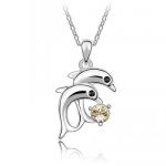 Blue Chip Unlimited - Champagne Yellow Crystal Twin Dolphin Pendant Necklace with 18in 18K White RGP Chain Fashion Necklace Fashion Jewelry Pendant Necklace