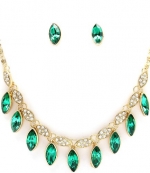 Blue Chip Unlimited - Unique Matching Set of Emerald Green Marquise Cut Crystals & Clear Cubic Zirconia 18k Gold Plated 18 Inch Necklace & Earrings Fashion Jewelry