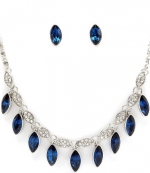 Blue Chip Unlimited - Unique Matching Set of Sapphire Blue Marquise Cut Crystals & Clear Cubic Zirconia Antique Silver Colored 18 Inch Necklace & Earrings Fashion Jewelry