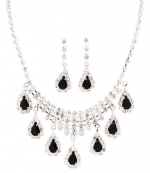 Blue Chip Unlimited - Black and Clear Teardrop Stones Bib 19in Necklace & Matching Prong Earrings Set Fashion Jewelry