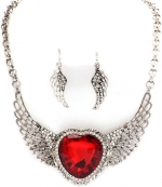 Blue Chip Unlimited - Unique Matching Set of Ruby Red Crystal & Clear Cubic Zirconia 4 Inch Wide Angel Wings Heart 16 Inch Antique Silver Colored Necklace & Earrings Fashion Jewelry