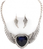Blue Chip Unlimited - Unique Matching Set of Deep Blue Crystal & Clear Cubic Zirconia 4 Inch Wide Angel Wings Heart 16 Inch Antique Silver Colored Necklace & Earrings Fashion Jewelry