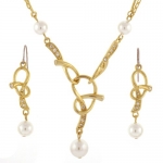Pearl and Crystal Adorned Twist Gold Plated Pretzel Necklace and Earring Set