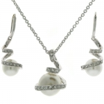 Exquisite Sterling Silver CZ White Pearl Majorca Swirl Pendant Necklace and Earring Jewelry Gift Set Bucasi