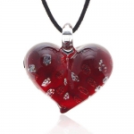 Chuvora Hand Blown Venetian Murano Glass Pendant Necklace Red with Tiny Flowers
