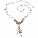 Chuvora Genuine Pink Fresh Water Cultured Pearl Silk Thread Necklace with Lobster Claw Clasp 17''-20'' Princess Length