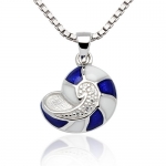 925 Sterling Silver Rhodium Plating Navy Blue and White Conch Shell Enamel with White CZ Stone Accent Pendant Necklace, Women and Teen Jewelry 18'' - Nickel Free