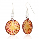 Sterling Silver Hand Blown Venetian Murano Glass Earrings Red with Yellow Flower Fashion Fashion Jewelry for Women, Teens, Girls