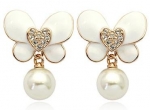 18K Gold Plated Swarovski Elements Crystal 10MM Pearl Butterfly Earrings-SE3377