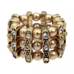 Burnish Gold Plated Vintage style Fashion Strech Ring with Brown Pearls and Crystal Accents