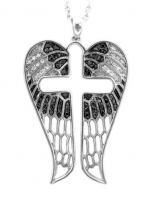Sterling Silver Angel Feather Wing Cross shaped White and Black Diamond Pendant Necklace(GH,I1-I2,0.34ct)