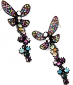 Beautiful Floating Butterfly Dangle Earrings with Pink, Blue, Green, Purple, Yellow Multicolor Austrian Crystals - Black