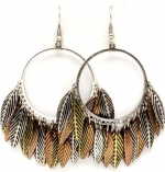 Trendy Burnished Silver Plated Hoop Earrings with Antique Bronze, Gold, and Silver Dangling Fringe Leaf/leaves