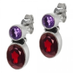 925 Sterilng Silver 4.20 Ct Round Purple Amethyst & Oval Red Garnet Earrings