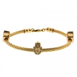 Gold Plated Stainless Steel Judaica Cable Bangle Bracelet With 3 Hamsa and CZ