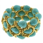 7 Triple Strands Turquoise Bead & Gold Color Mesh Loop Stretch Bangle Bracelet