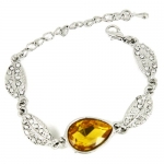 Fancy Silver Plated Teardrop Yellow Topaz Swarovski Elements Crystal with Sparkling Clear Crystal Paved Leaf Bracelet Elegant Trendy Fashion Jewelry 5'' Long with 2'' Extender