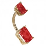 14G 3/8 - Double Emerald Cut Garnet Solid 14K Yellow Gold Belly Ring - (January)