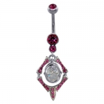 Clear Bezel Set Oval CZ with Pink Crystal Accents Dangle Belly Button Ring
