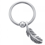 Feather - 925 Sterling Silver Sliding Charm Captive Bead Ring - 16 Gauge