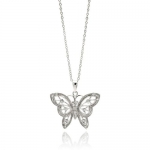 Rhodium Plated Brass Cubic Zirconia Diamonds Designer Open Butterfly Pendant Charm Necklace with 16-18 Adjustable Chain