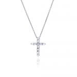 Rhodium Plated Sterling Silver Prong Set Round Cubic Zirconia Cross Charm Necklace with 16-18 Adjustable Chian