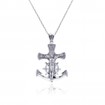 Rhodium Plated Brass Designer Anchor Crucifix Cross Pave Cubic Zirconia Diamonds with 16-18 Adjustable Chain