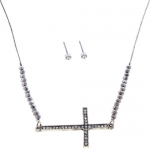 Heirloom Finds Stunning Crystal Sideways Cross Necklace with Faceted Silver Tone Bead Accents and Bonus Earrings