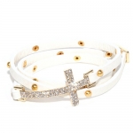 White Leather Triple Wrap Bracelet with Crystal Sideways Cross and Gold Tone Studs