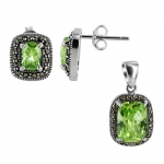 Sterling Silver Peridot Gemstone with Marcasite Accents Post Back Earrings and Pendant Jewelry Set