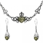 Baltic Green Amber and Sterling Silver Claddagh Dangling Earrings and Necklace Set, 18