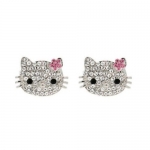 Crystal Rhinestone Pave Kitty Face Head Pink Ribbon Silver Plated Stud Earrings