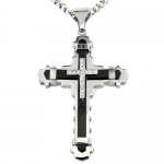 Black Plated Stainless Steel Cubic Zirconia Multi-layer Cross Necklace with 24 Inch Chain