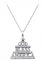 10 KT White Gold 0.12 CTW Diamond God Bless America Pendant Chain Necklace 16 inch Long Spring Ring