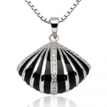 925 Sterling Silver Rhodium Plating Black Shell Striped Enamel White CZ Stone Accent Shell Pendant Necklace, Women and Teen Jewelry 18'' - Nickel Free