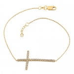 14 Karat Yellow Gold Sideways Cubic Zirconia Cross Adjustable Bracelet (7.5 inch)
