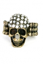 Crystal Studded Bronze Skull Ring - Stretchable