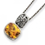 Sterling Silver Antiqued Yellow CZ Necklace - 18 Inch