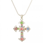 Silvertone Pastel Crystal Cross Pendant Necklace Fashion Jewelry