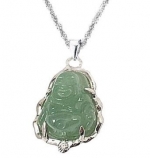 Rhodium Plated 925 Sterling Silver Grade A Green Jade Buddha Pendant Necklace 18-sn3202