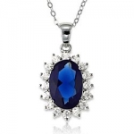 Sterling Silver Oval Blue Sapphire and CZ Princess Diana/Kate Middleton Pendant with Chain