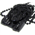 Jesus Pendant w/ 34'' Bead Link Chain - Iced Out - Black Plated - Bling