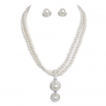 Double White Faux Pearl Strand With Dangle Pendant Necklace and Earring Set