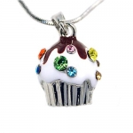 Cute White Cupcake Birthday Crystal Charm Necklace Fashion Jewelry