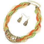 Goldtone Orange Yellow Green Beaded Necklace and Earring Set