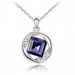 Dark Purple Crystal Pendant, 18K White Gold Plated, Round and Middle Square Women Necklace, Free 18 Chain