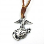 Top Value Jewelry - Genuine Leather Adjustable Necklace with Brushed Chrome USMC Pendant
