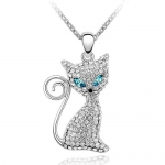 Pussy Cat Pendant, Light Blue Crystal Women Necklace, 18K White Gold Plated, Free 18 Chain