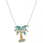 Heirloom Finds Colorful Palm Tree Pendant with Austrian Crystals on Silvertone Bead Necklace